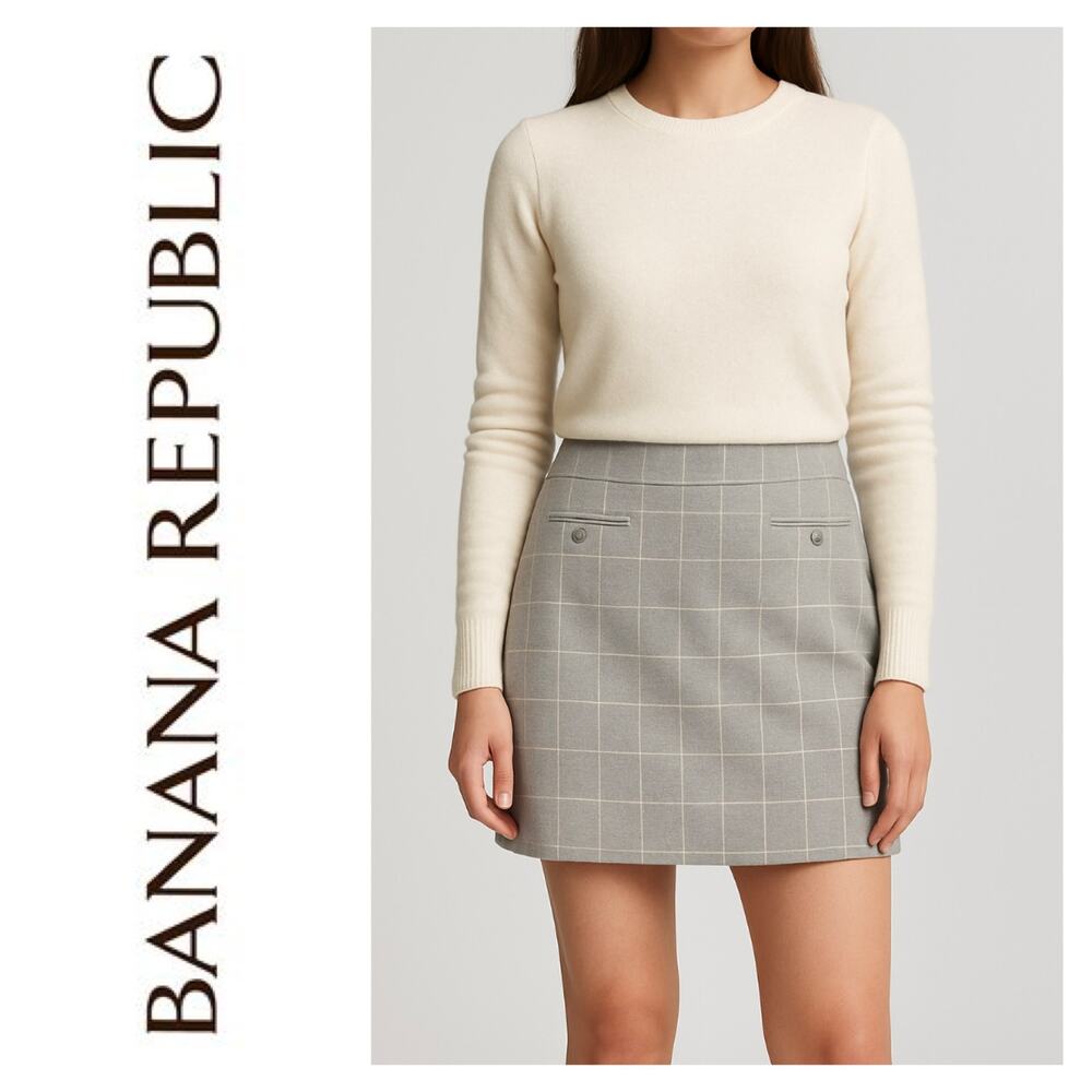NWT Banana Republic Petite Gray Plaid Soft Brushed A-Line Mini Skirt 12P - Picture 2 of 10
